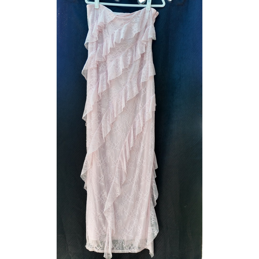 Pink Floral Lace Ruffle Strapless Maxi Dress Formal Evening Gown Bridesmaid